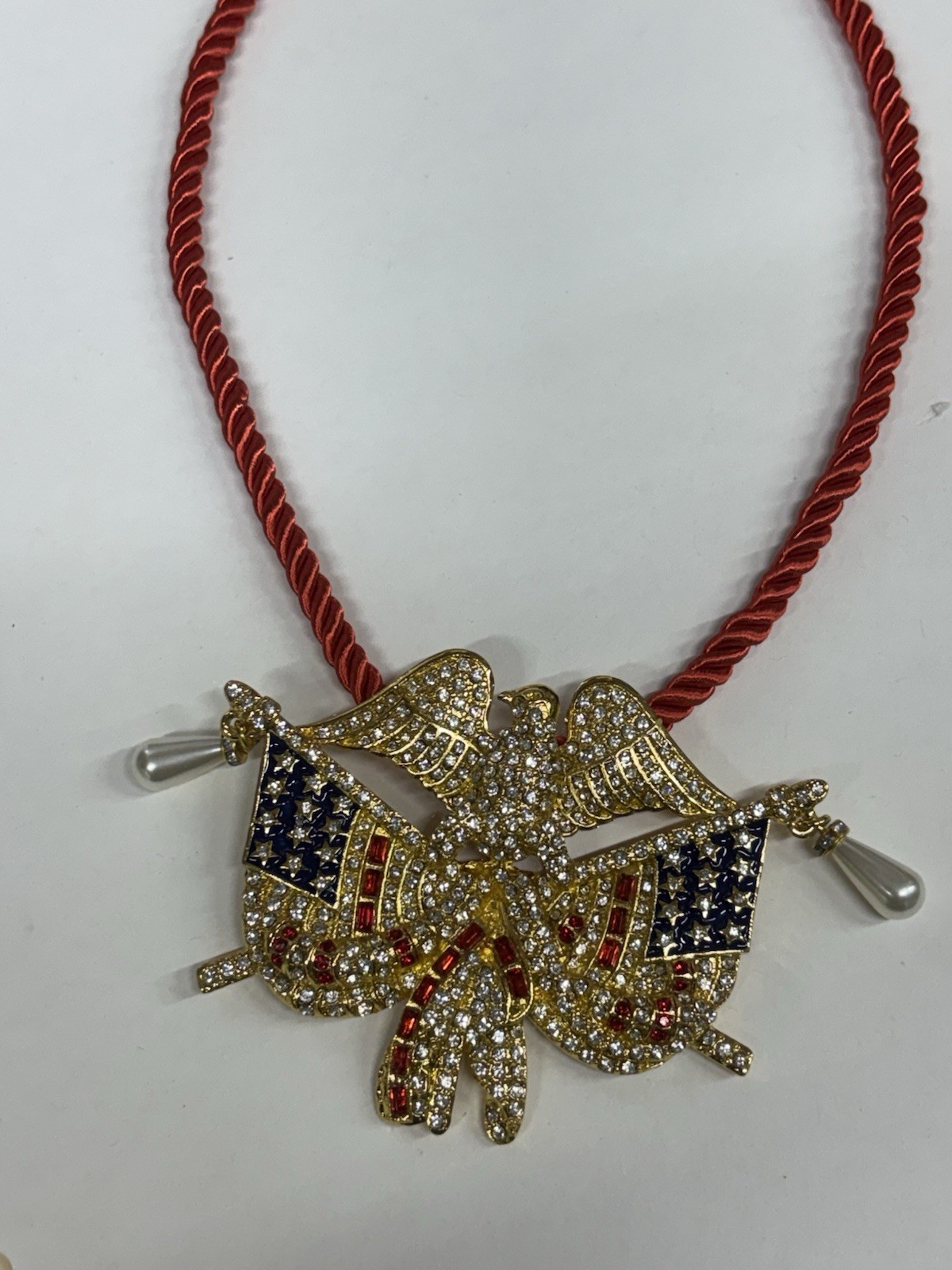 Flags Eagle Gold Tone Red White Blue Rhinestones Pearls USA 250th Necklace NEW