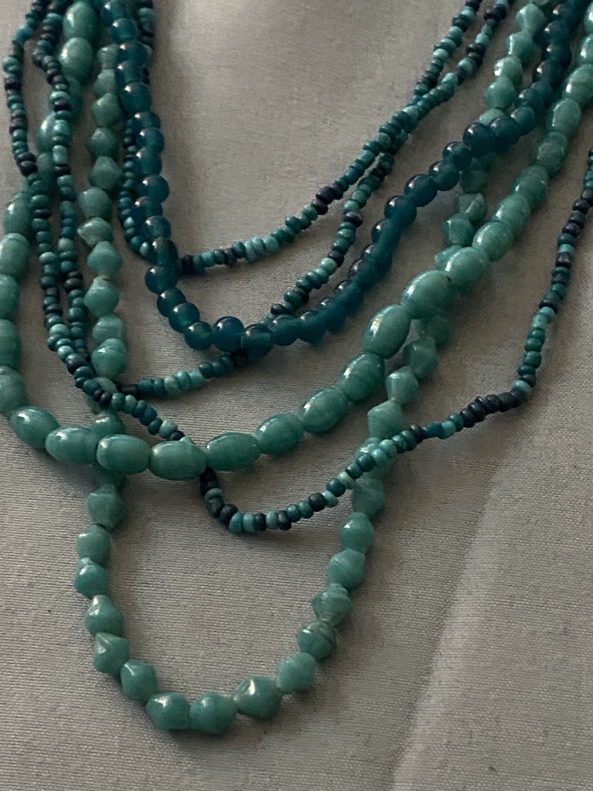 16” Multi Strand Necklace Turquoise Teal Green Blue Beads Various Sizes Vintage