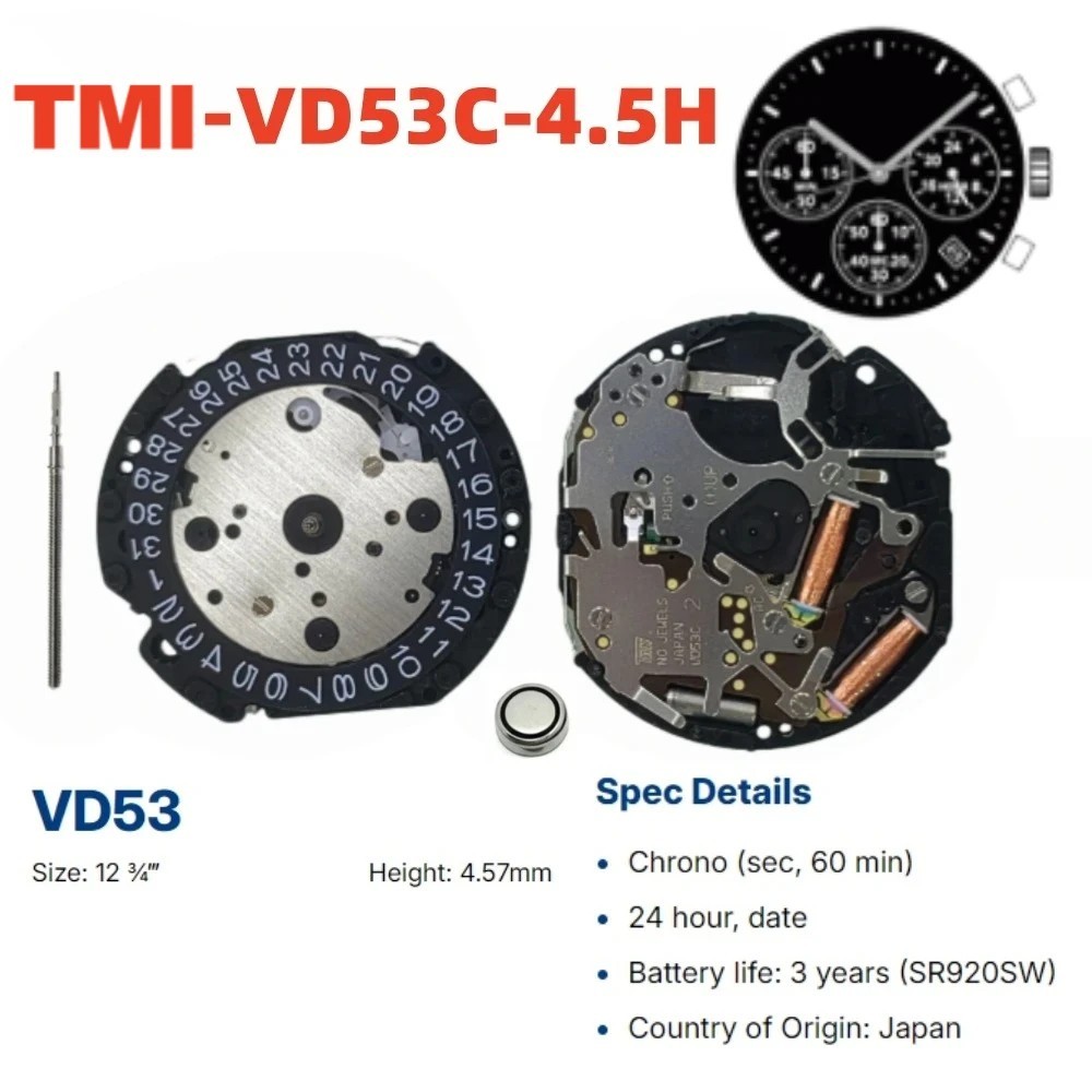TMI Seiko VD53C Chronograph Movement Choice of Date Position 3, 4.5 or 6 O’Clock