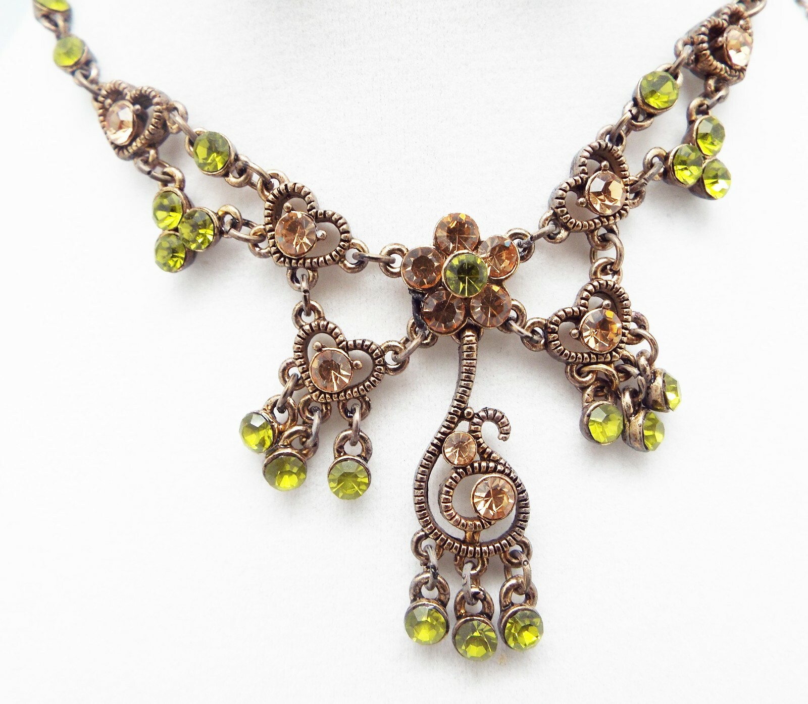 DESIGNER INSPIRED 18 in GREEN MULTI CRYSTAL BRONZE FLORAL DROP JEWELERY SET NEW