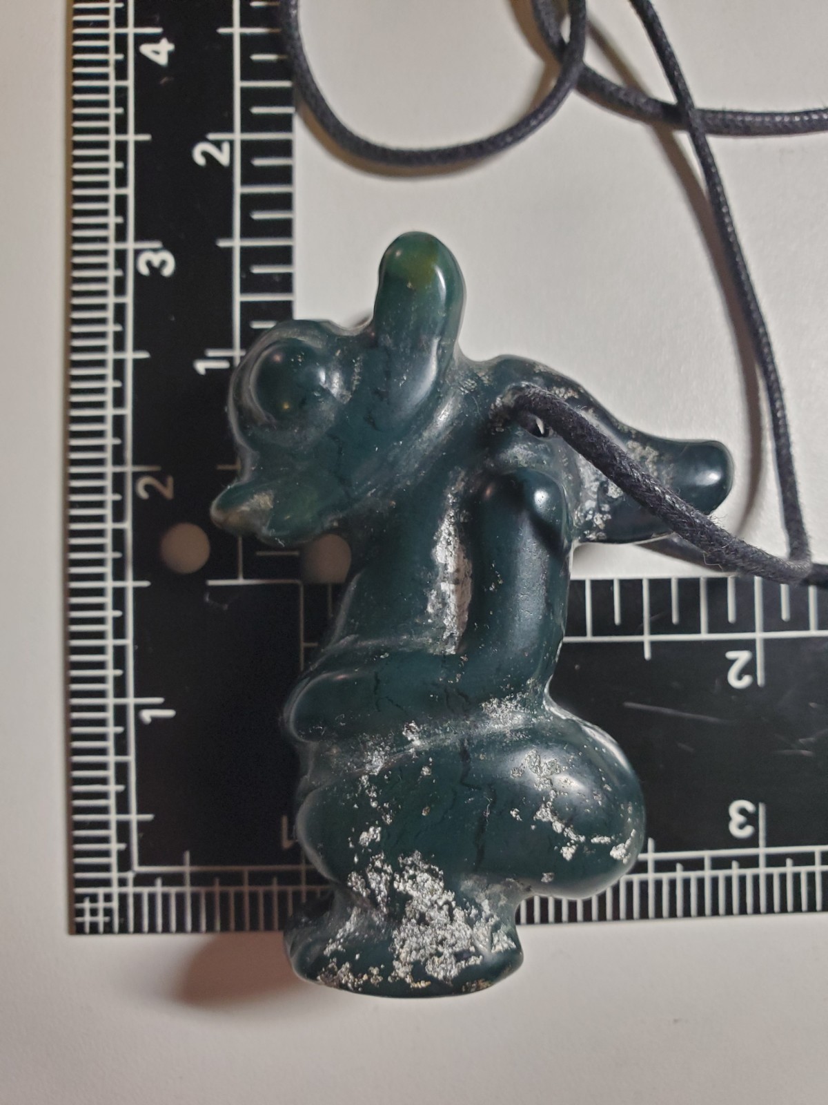 Large Dark Green Stone Winged Horns Amulet Figure Alien Necklace Strange Carving