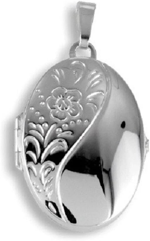 925 Silver Tear Pendant Locket Oval, Shiny Polished, Patterned Floral Motif