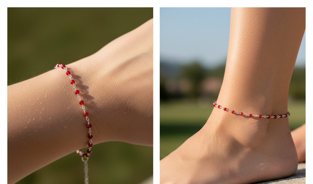 Handmade Silver Tone Minimalist Beaded Bracelet | Ruby Red Stone Brass Chain