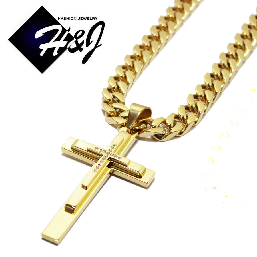 30″Stainless Steel 11mm Gold Plated Curb Chain Bracelet Cubic Zirconia Pendant*D
