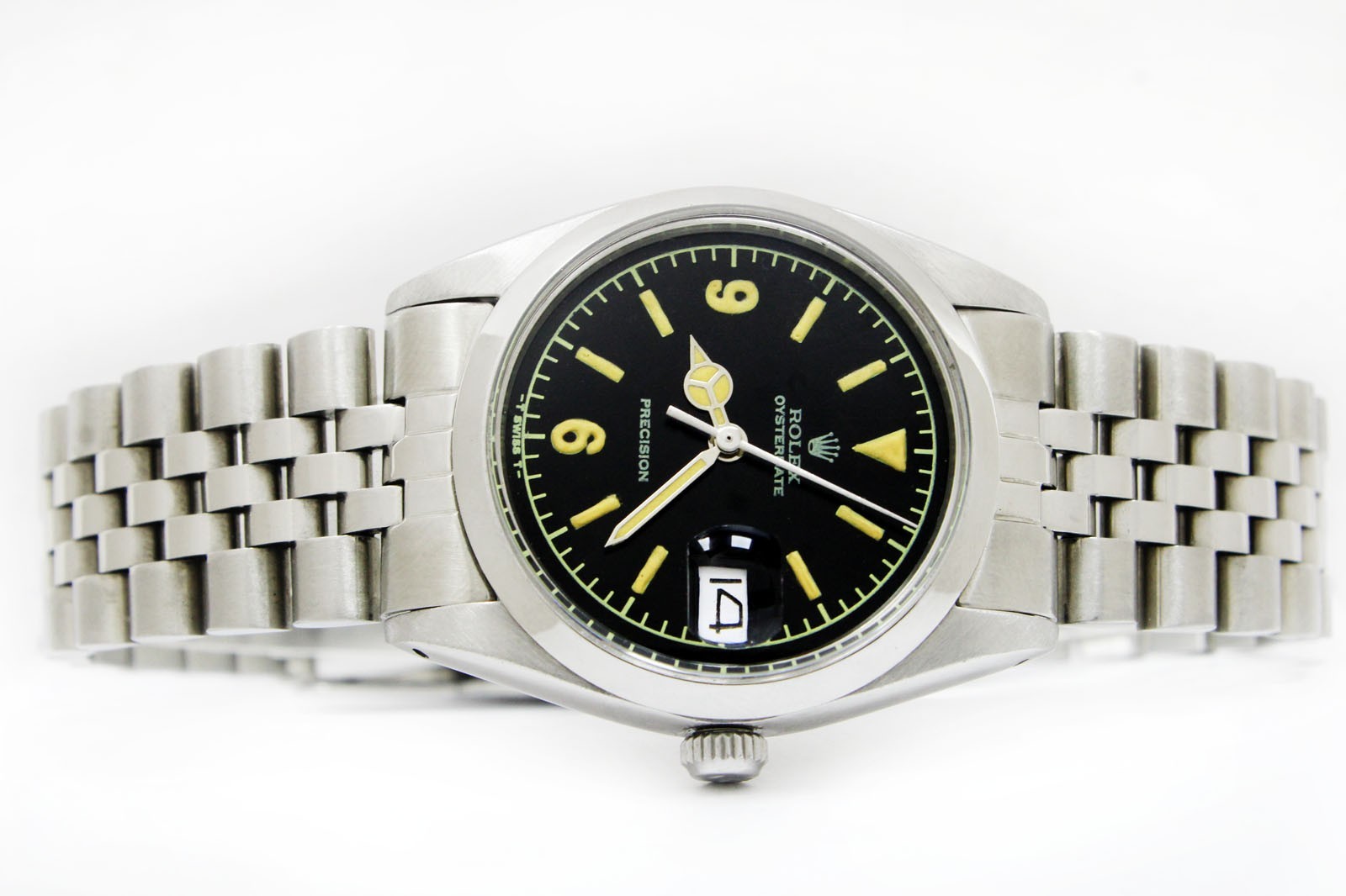 Vintage Rolex Oysterdate Precision Black Dial 34mm Men Steel Watch Ref 6694