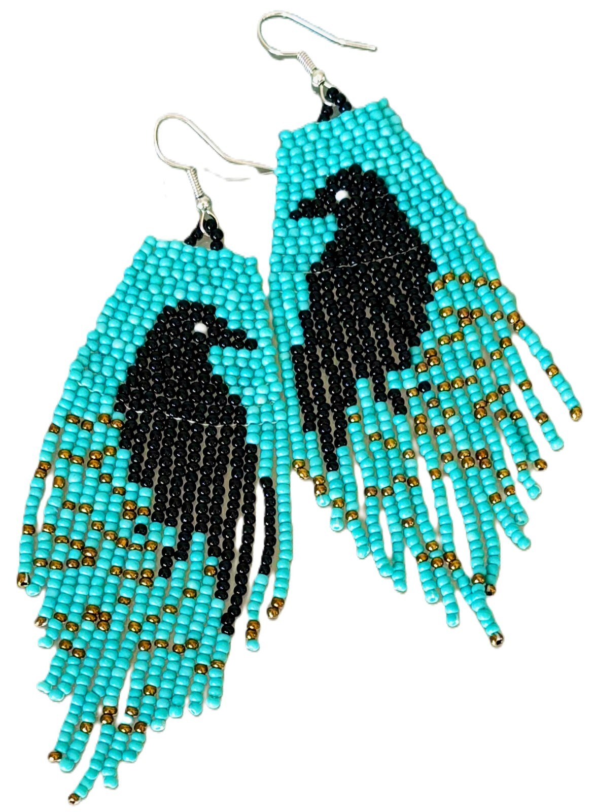 Hand Beaded Turquoise Black Ravens Crows Seed Bead Tasseled Dangle Earrings New