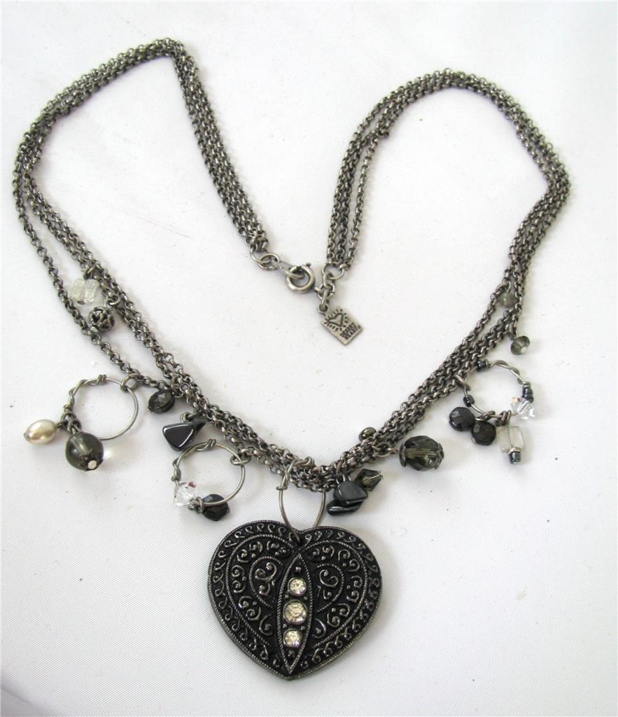 Vtg Silver 3 Chain Station Pendant Necklace Black Czech glass Heart signed 18″