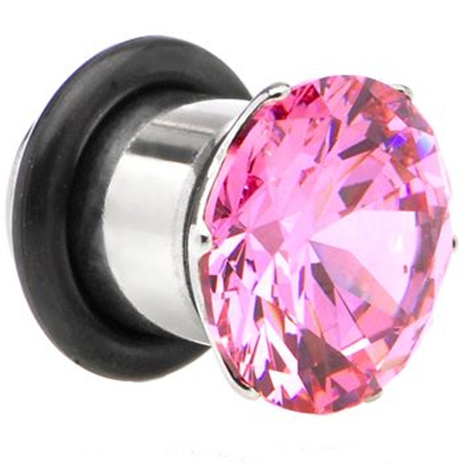 PAIR-Pronged Pink Gem Steel Single Flare Ear Plugs 04mm/6 Gauge