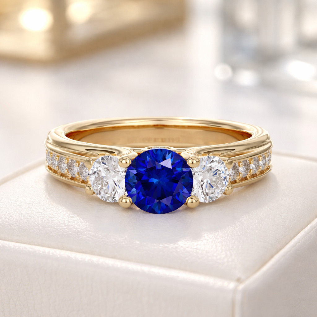 2.80 Ct Round Cut Natural Sapphire & Diamond Propose Ring 14K Yellow Gold Size 8