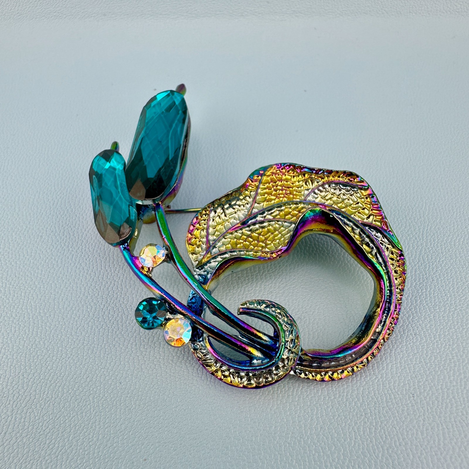 Rhinestone Brooch Flower Leaf Cattail Iridescent Teal Blue Aurora Borealis