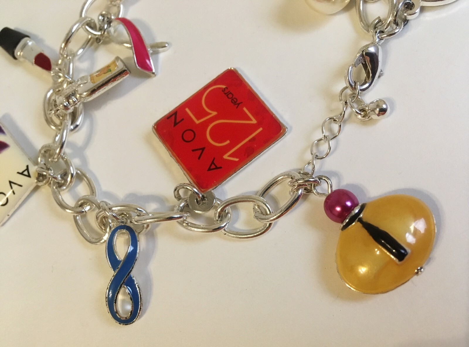 Avon 12 Charms Bracelet Silver Metal Link Chain 125 Years Anniversary Lipstick