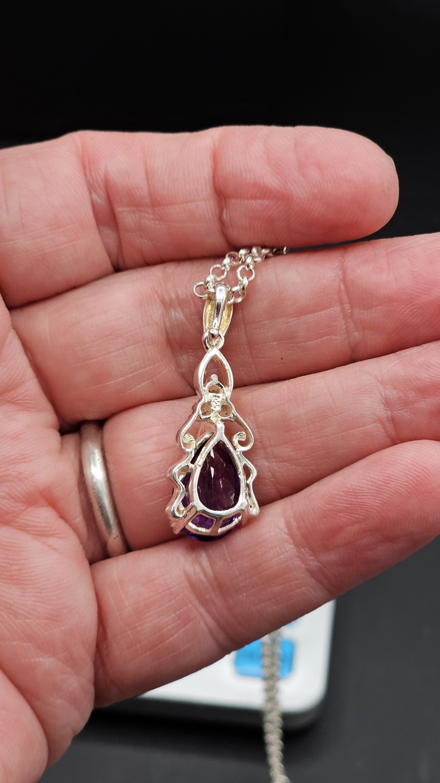 925 Sterling Silver Amethyst Peridot Necklace Pear Pendant 18in Chain 7.36g