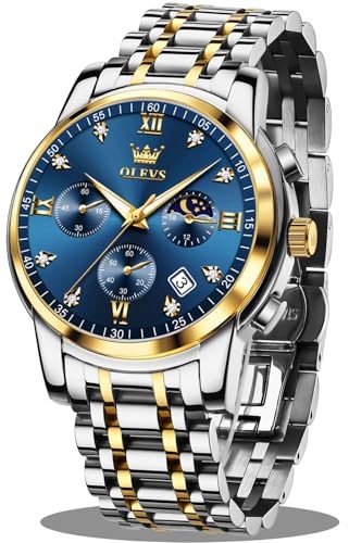 Watches for Men,Luxury Big Face Mens Watch 2858-Silver Gold-Blue Face