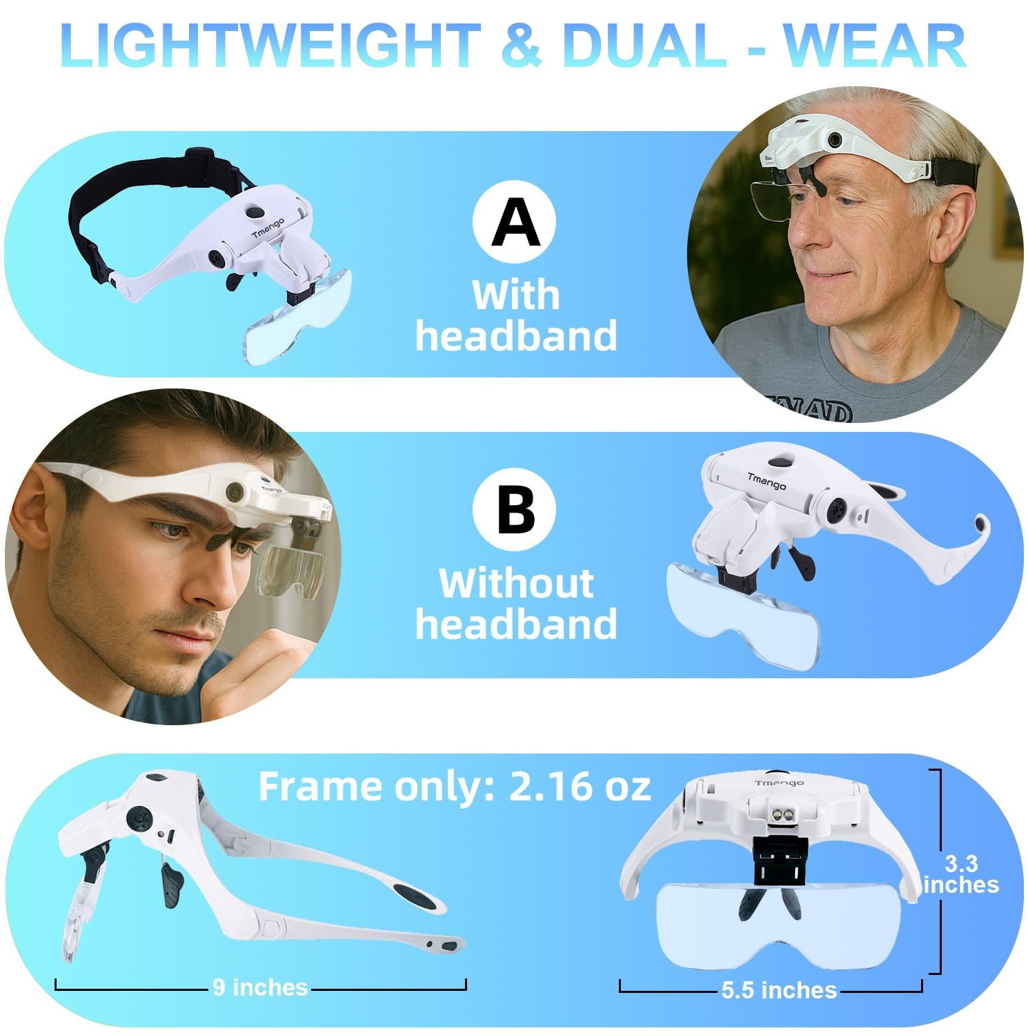 Rechargeable Hands-Free Magnifying Headband for Jewelry Making 2 LED Lights