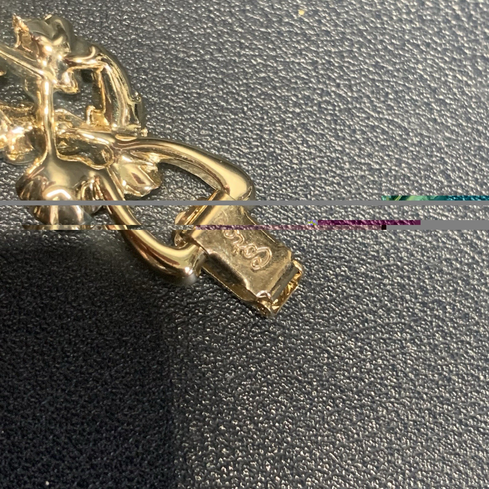 Vintage Coro 7.5” Bracelet Textured Gold Tone Leafs Rhinestones Fold Over Clasp