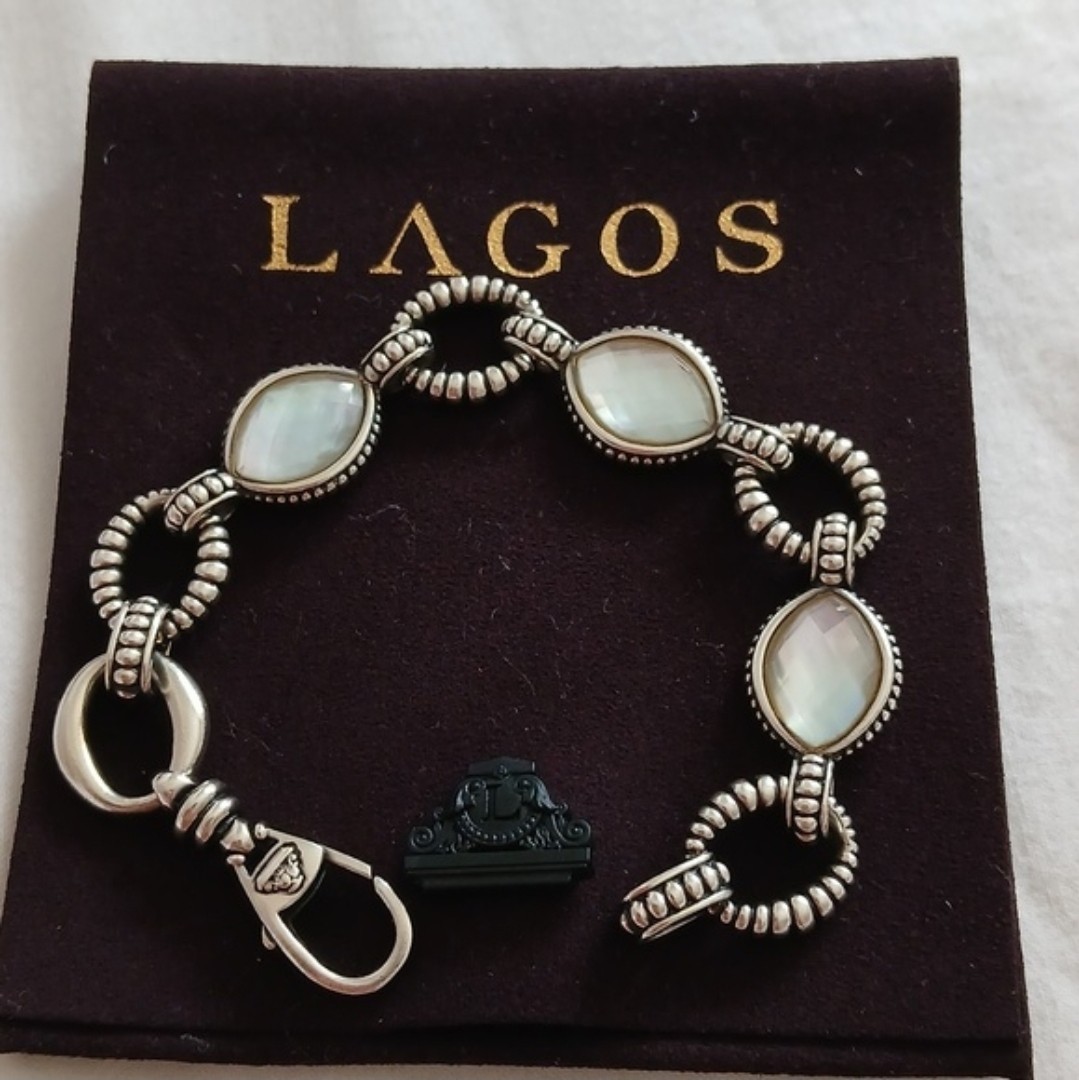 Lagos 925 Sterling Silver Mother of Pearl Oval Link Bracelet 7in Lobster