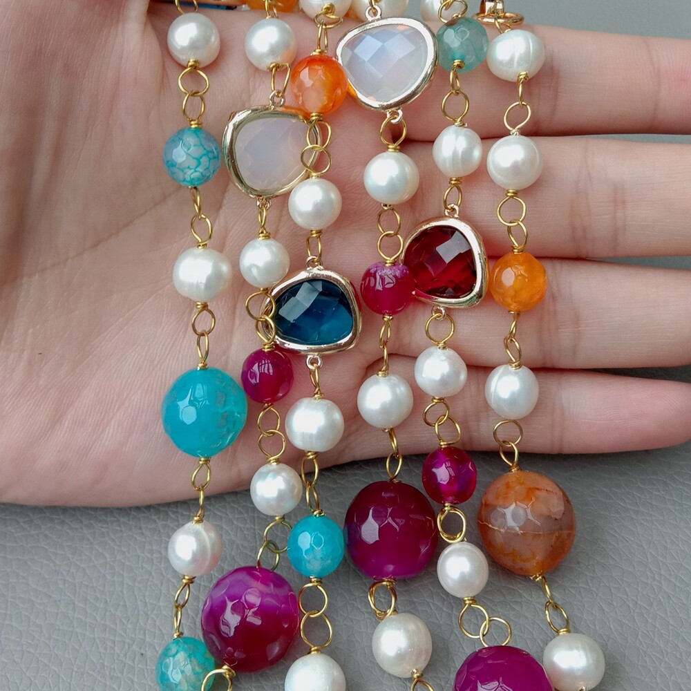56″ Cultured White Pearl Multi Color Agate Crystal Long Necklace