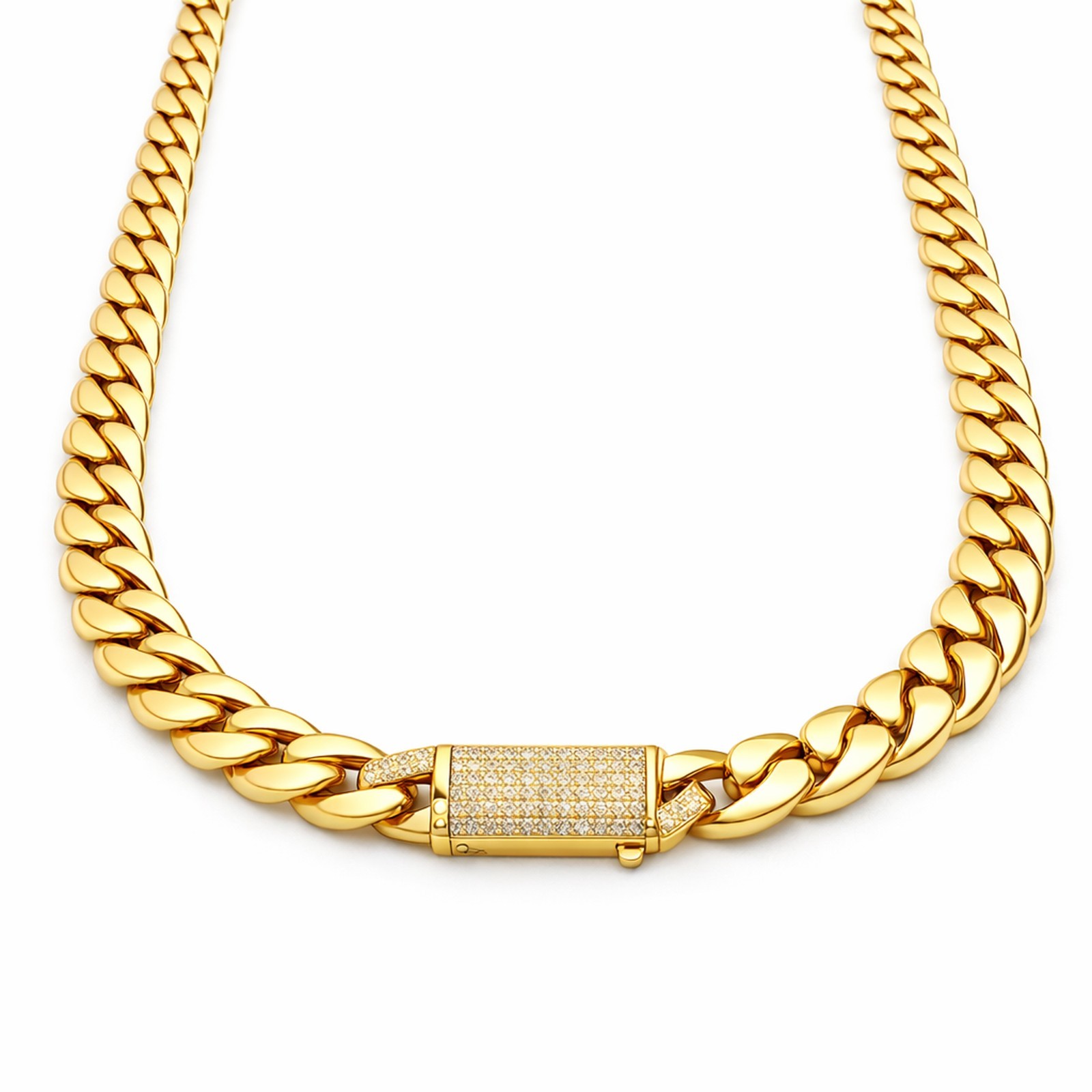 Italian 1/200 14K Yellow Gold Overlay Miami Cuban Link Iced CZ Lock Chain Men in