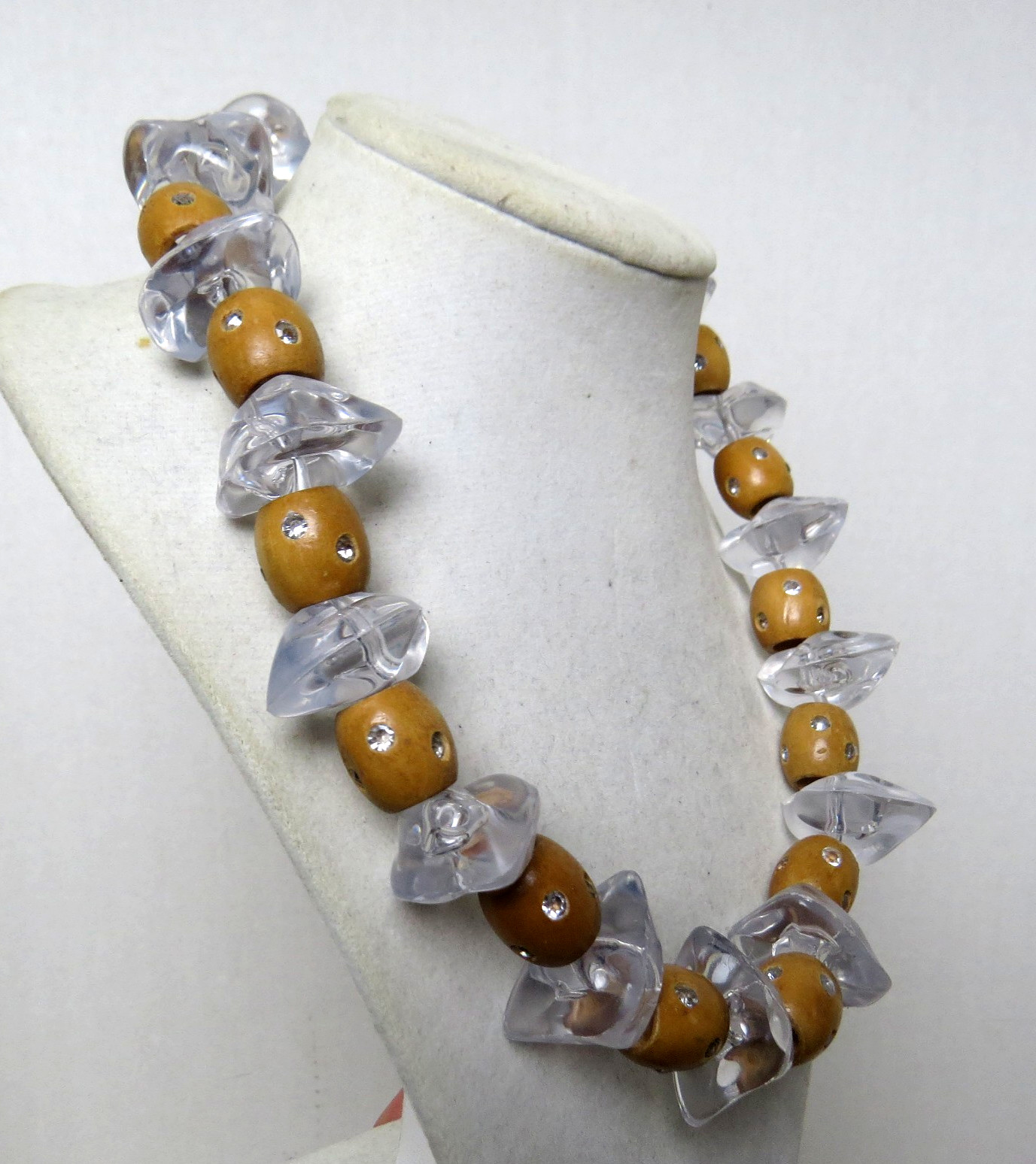 Vintage Lucite Chunks, Wood Beads Set with Rhinestones Necklace 20 Inches Length