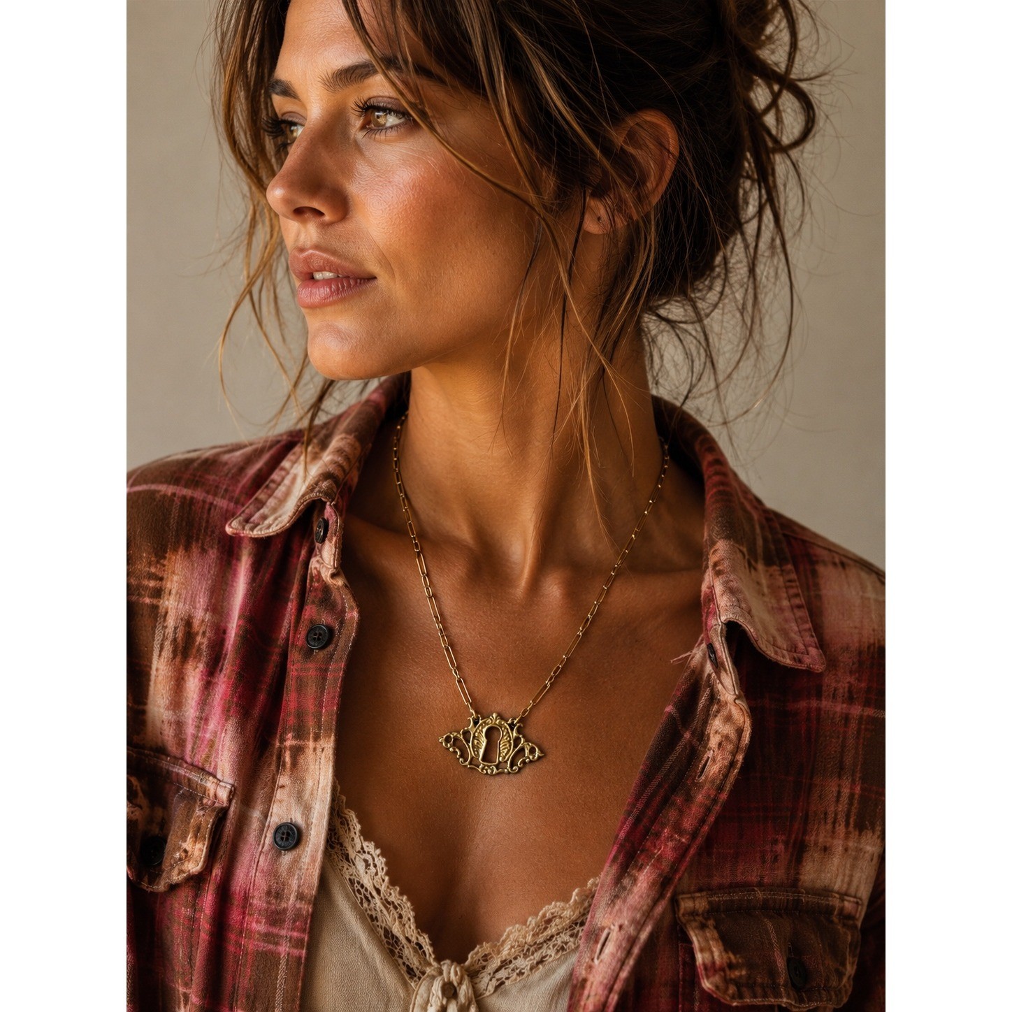 Antique Brass Keyhole Necklace | Raw Brass Paperclip Chain