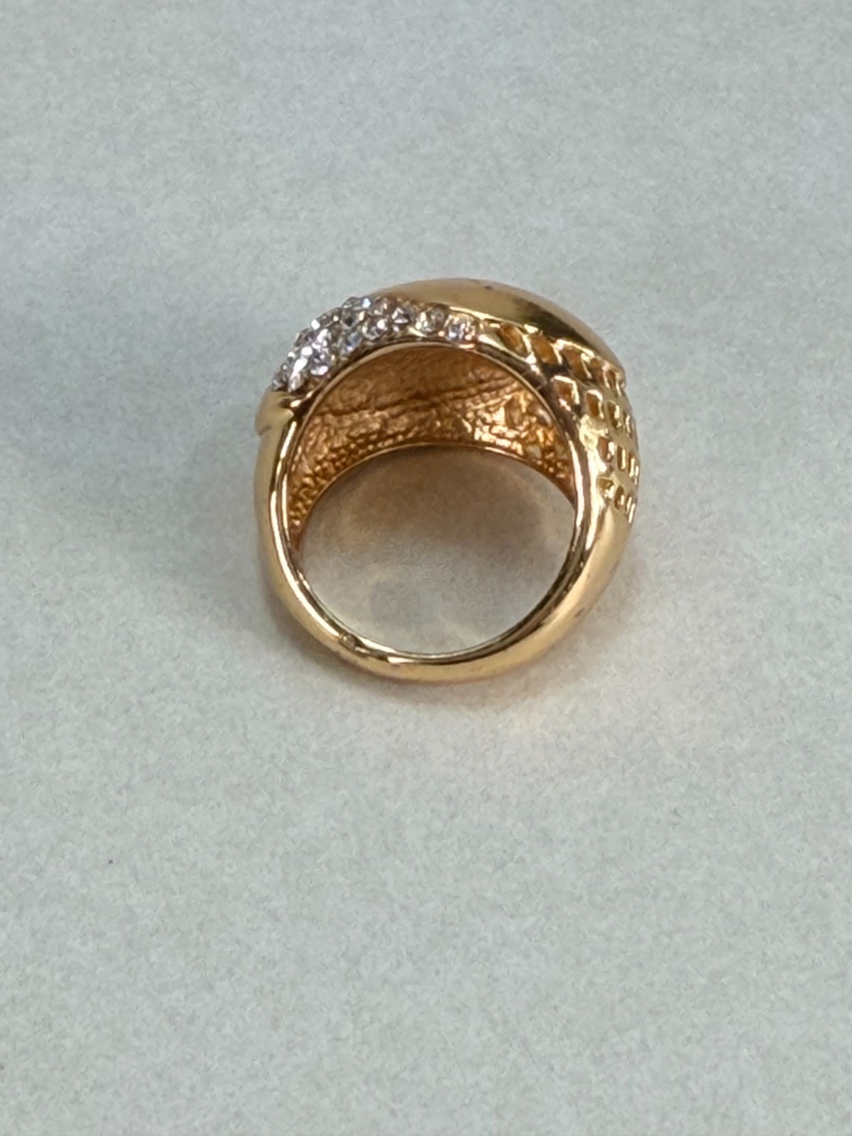 Vintage Gold Tone Greek Key Rhinestone Dome Statement Cocktail Ring