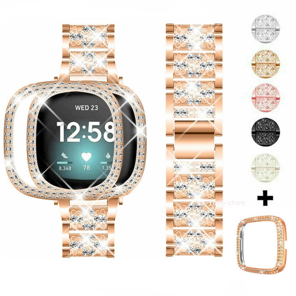 women Bling Stainless Steel Watch Band Strap +Pc Case for Fitbit Versa 3 / Sense