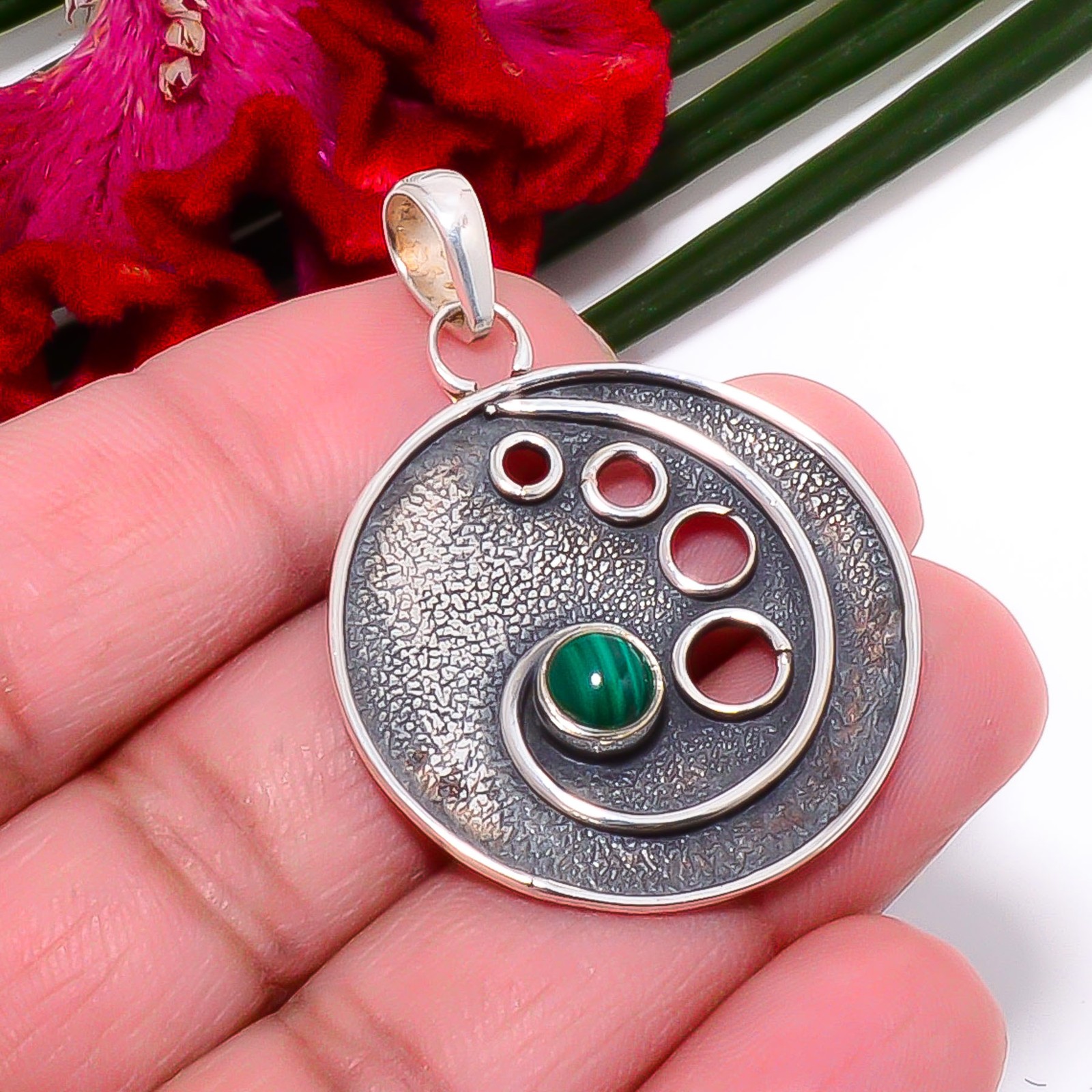 Malachite – Congo 925 Sterling Silver Jewelry Pendant 1.72″ Sk50, Christmas Gift