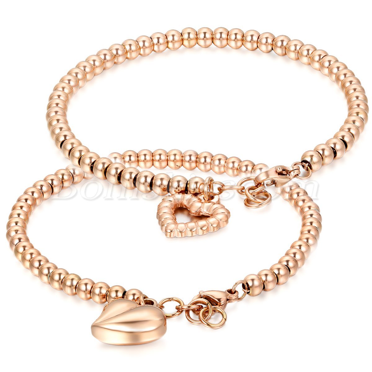 Women’s Ladies Stainless Steel Round Beaded Chain Charm Heart Dangle Bracelet