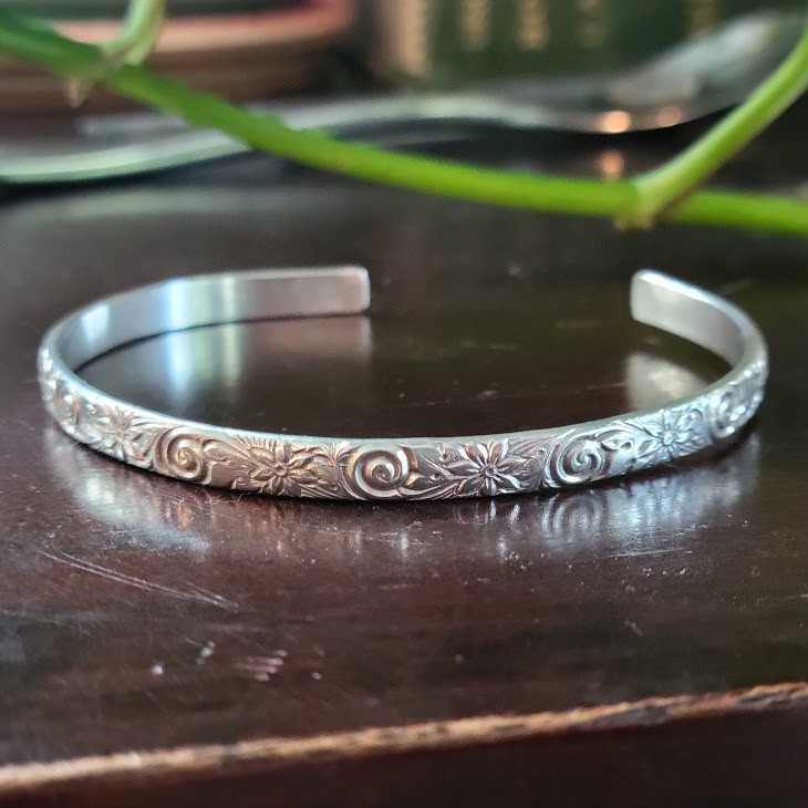 Sterling Silver Floral Cuff Bracelet Acid Tested Unmarked Botanical Swirl Bangle