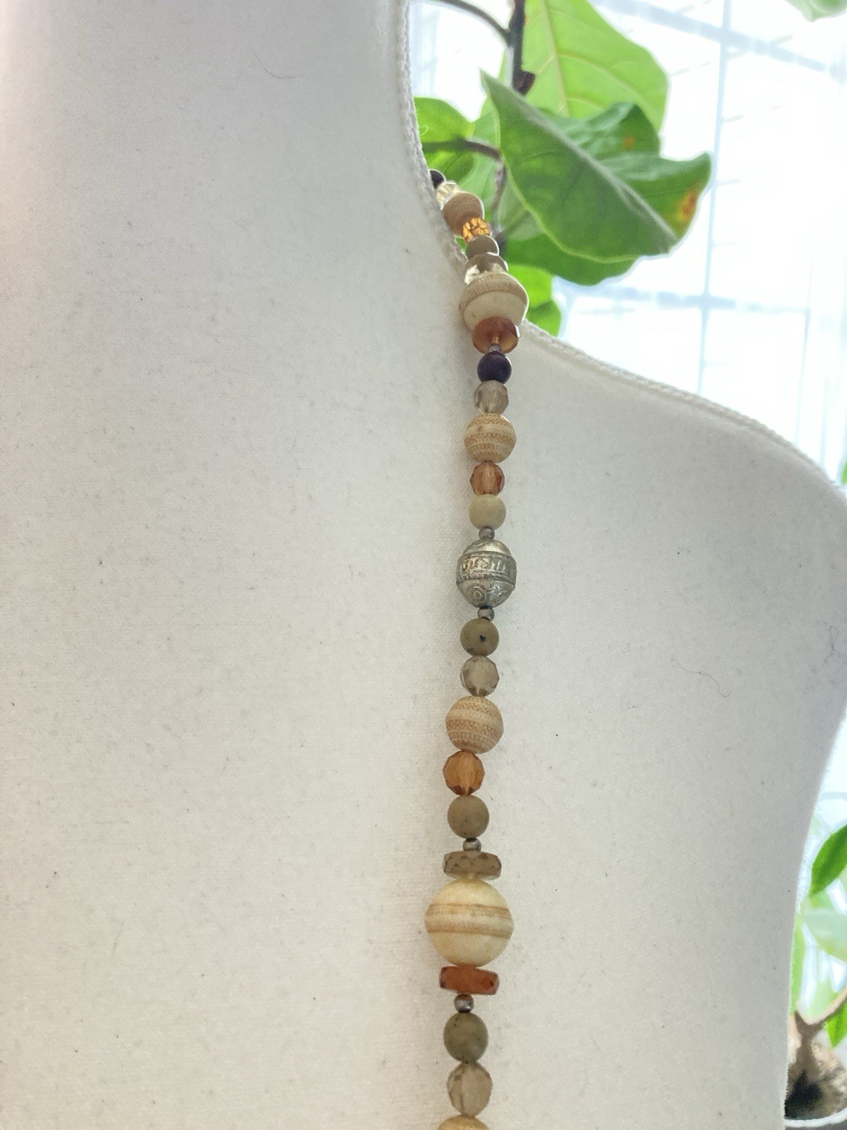 Long Beaded Necklace Wood Glass Silver Tone Neutral Earth Tone Boho Artisan
