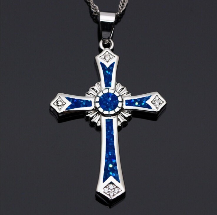 Dark Blue Opal Cross Pendant Necklace Christian Jewelry for Men Women Gift