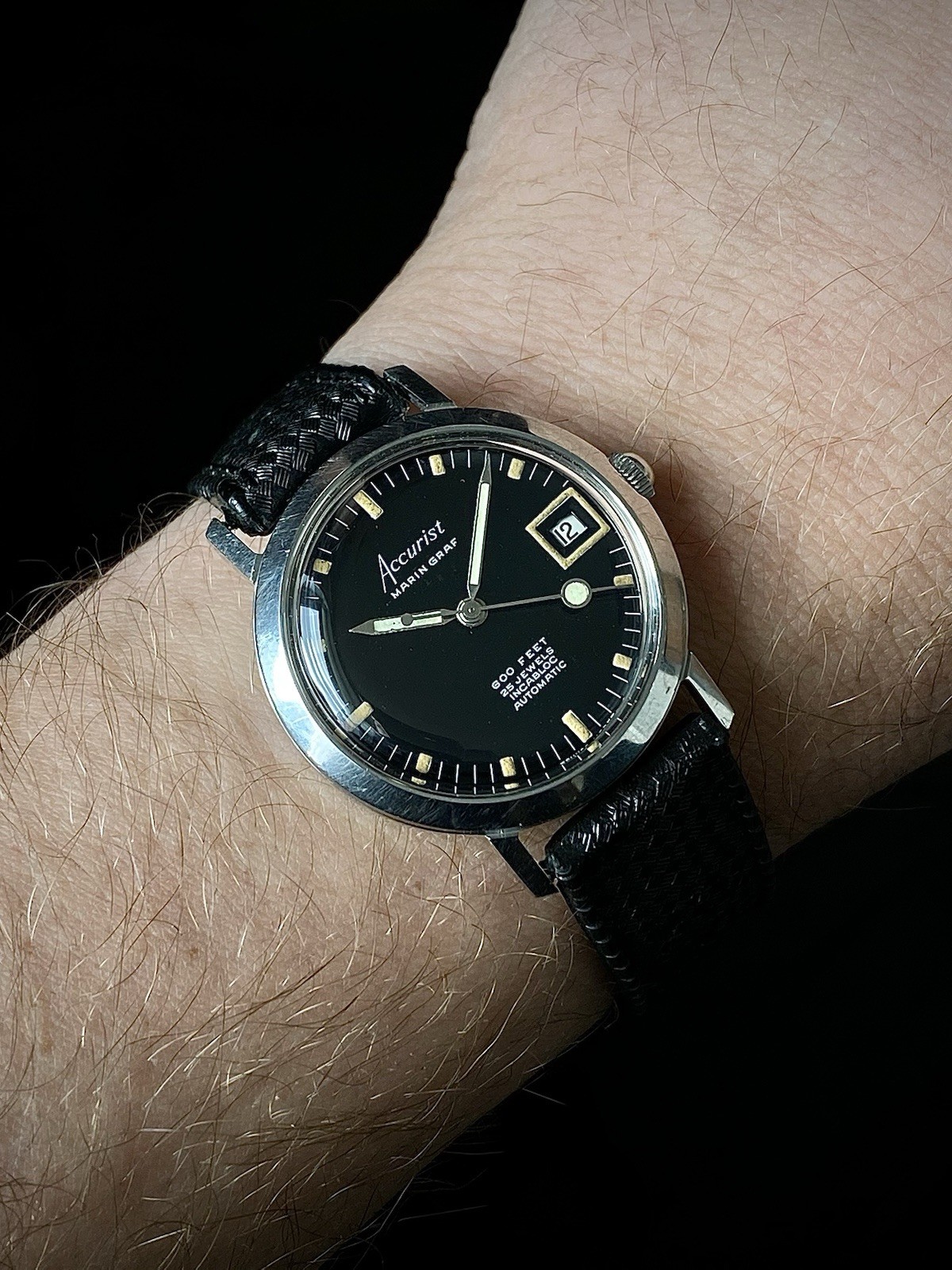 1960s Accurist Marin Graf 600 feet black dial Divers watch ETA 2452 date Tropic