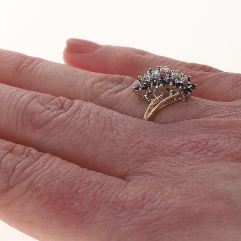 Yellow Gold Sapphire Diamond Cluster Cocktail Bypass Ring 10k 1.06ctw Waterfall