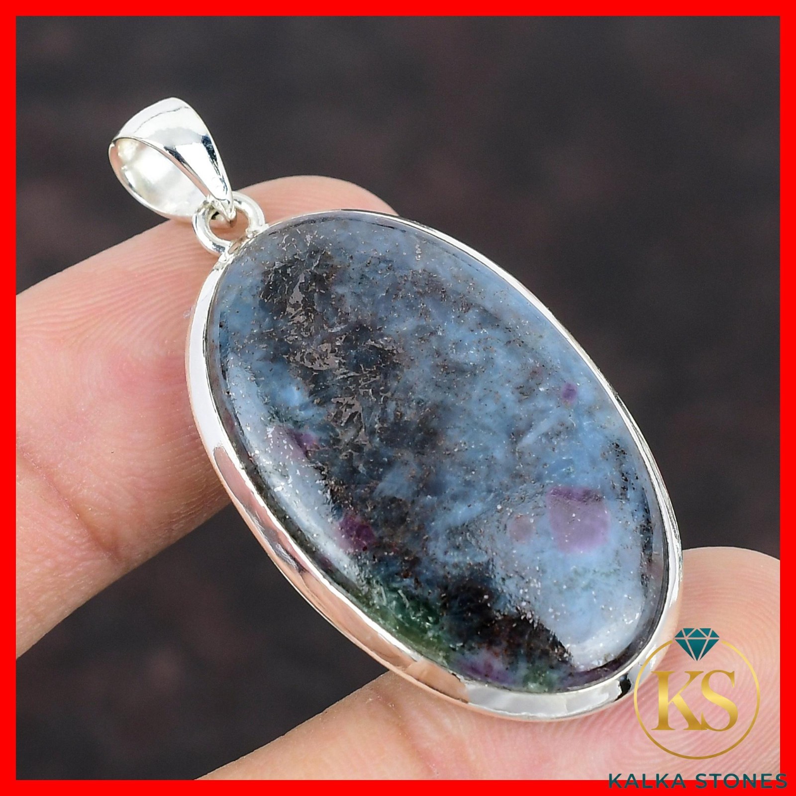 Oval Natural Ruby In Blue Kyanite Handcrafted Ethnic Pendant 925 Sterling Silver
