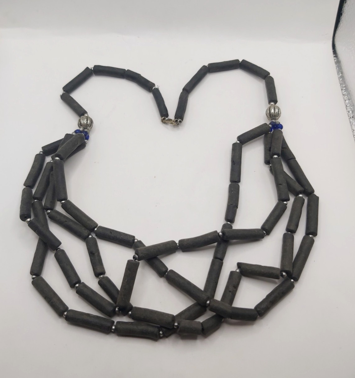 Vintage Berber Moroccan Trade Bead Necklace Black Tube Beads Multi Strand Ethnic