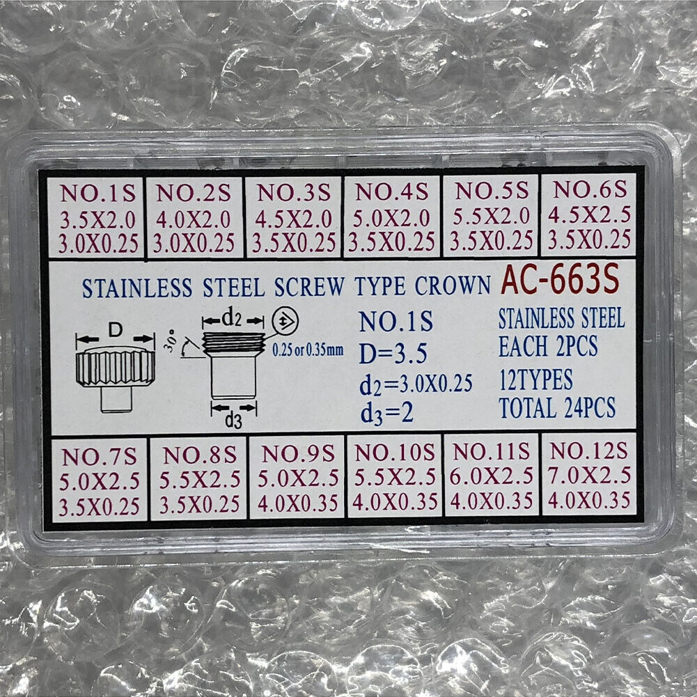 AC-663S Stainless Steel Screw Type Crown Each 2PCS 12 Types Total 24PCS
