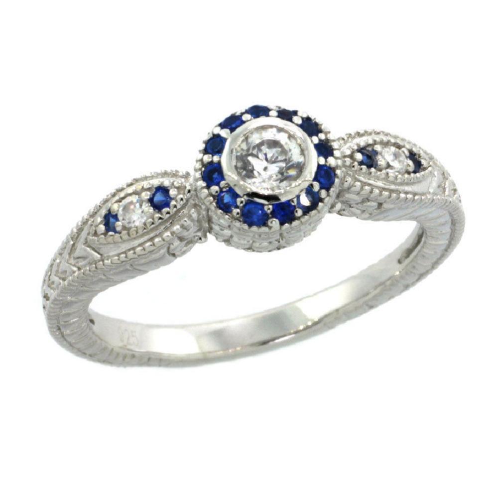 Sterling Silver Engagement Ring w/ Brilliant Cut Clear & Blue Sapphire Color CZ