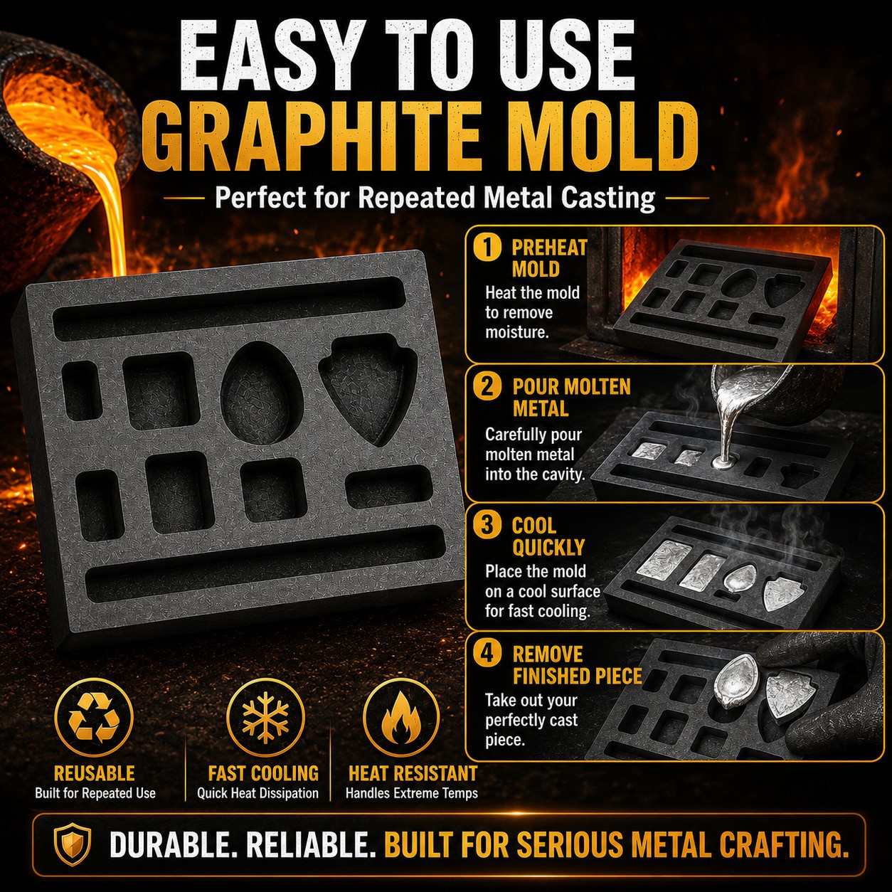 Graphite Ingot Mold 4x4in 11 Cavities Gold Bar Coin Scrap Metal Casting Tool Set