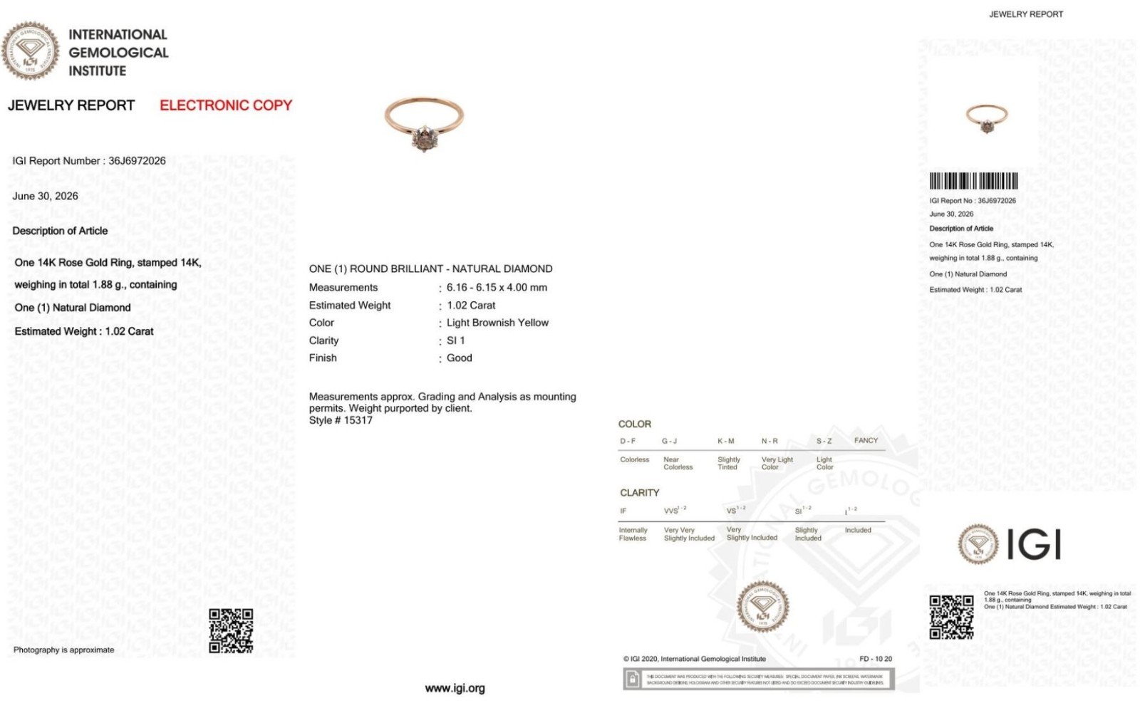 IGI Certified 1.02 Ct Natural Diamond Solitaire Ring – 14K Rose Gold SI1 Clarity