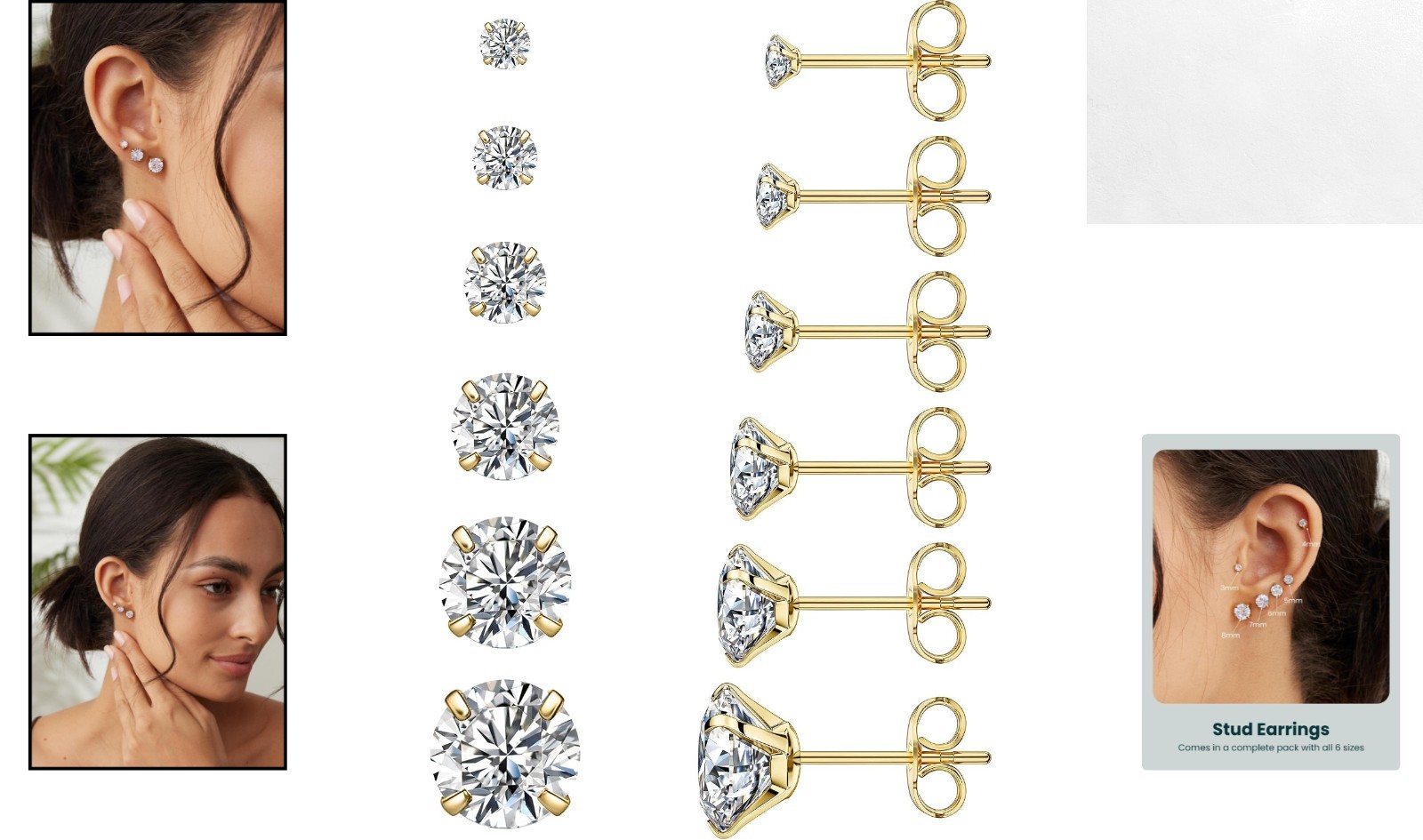 Set of 6 Pairs Hypoallergenic Cubic Zirconia Stud Earrings – Elegant Sizes 3-8mm