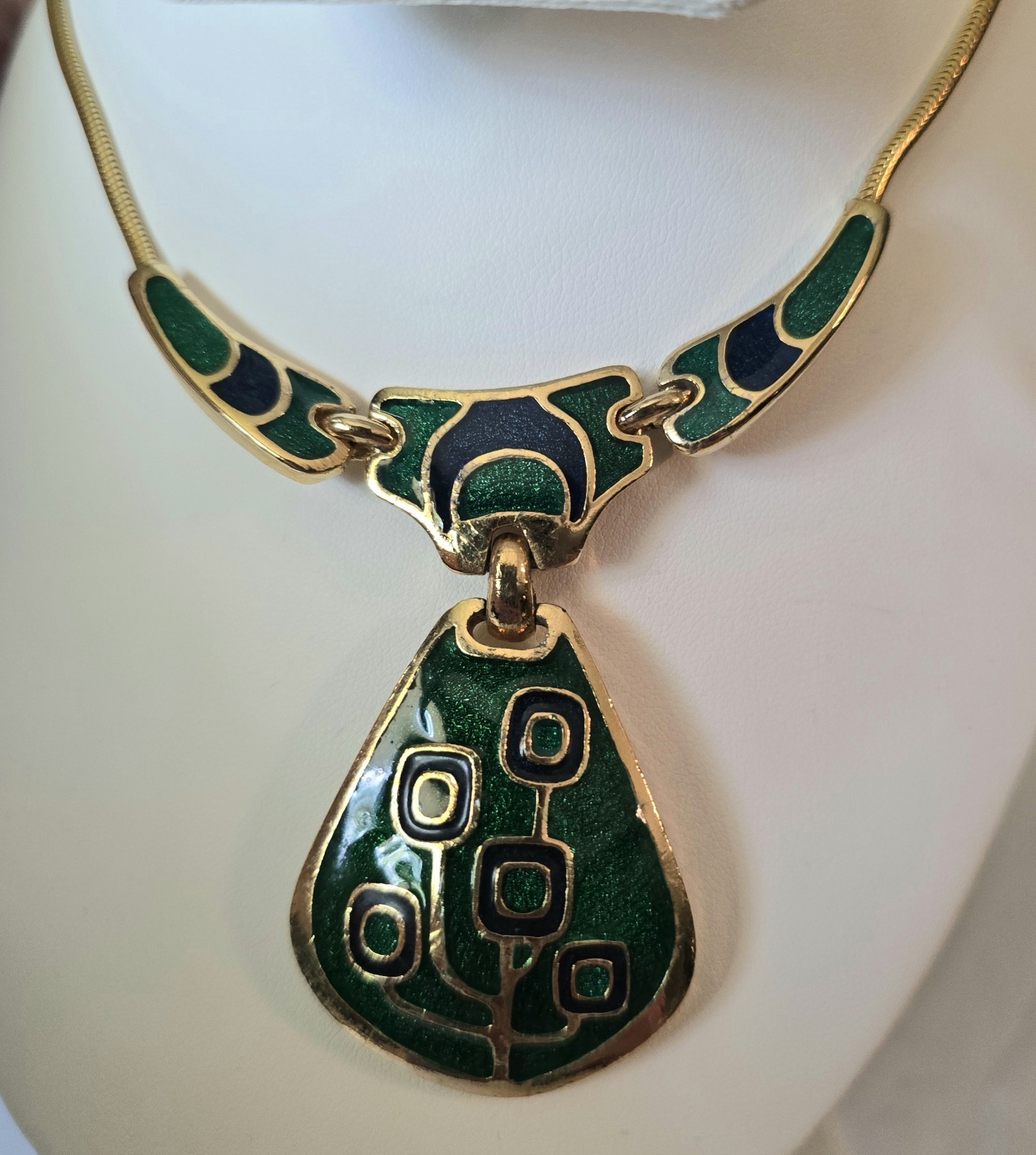 Vintage 1970s Blue & Green Enamel Gold Tone Collar Necklace, made in Thailand
