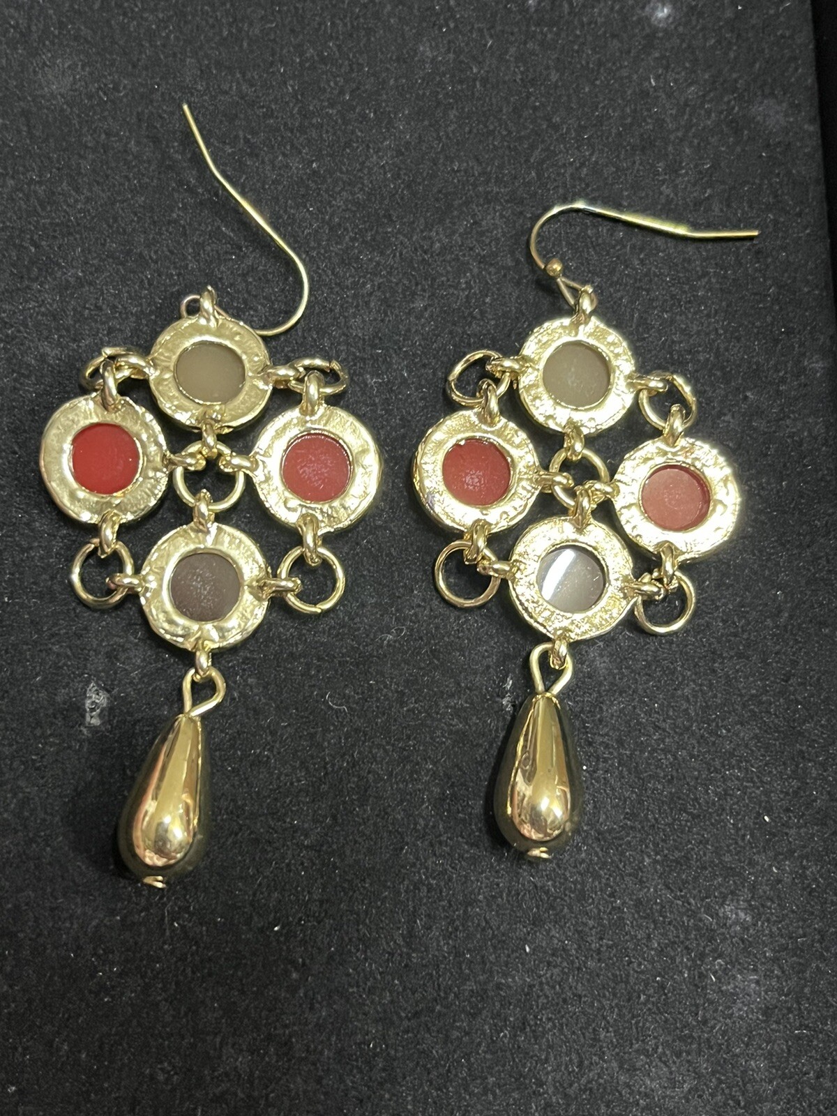 Modern Southwestern Hook Earring Set of 2 Red Black Gold Tone Chandelier 2-2.25″