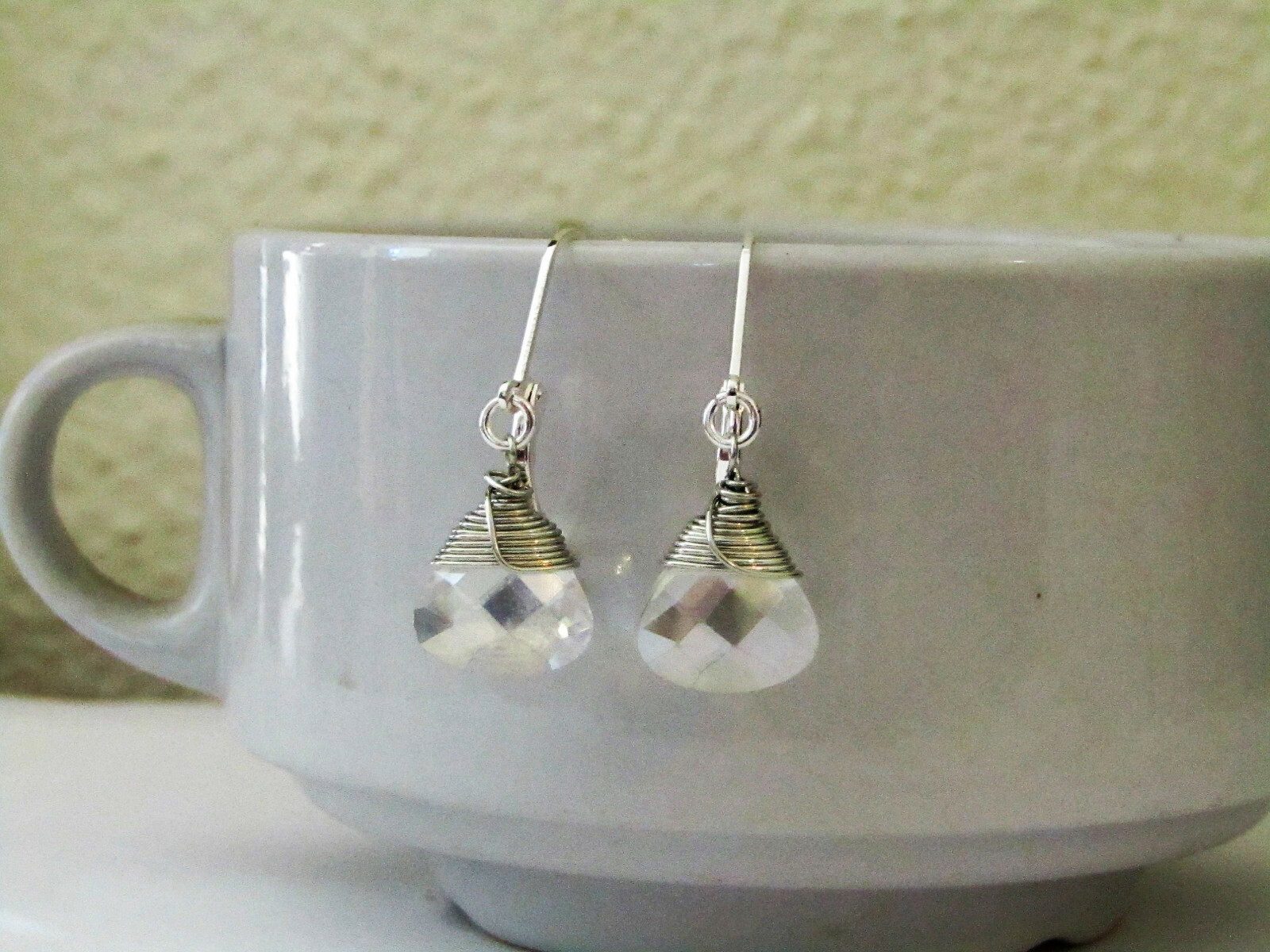 Clear AB Crystal Teardrop Silver LEVERBACK Dangle Earrings