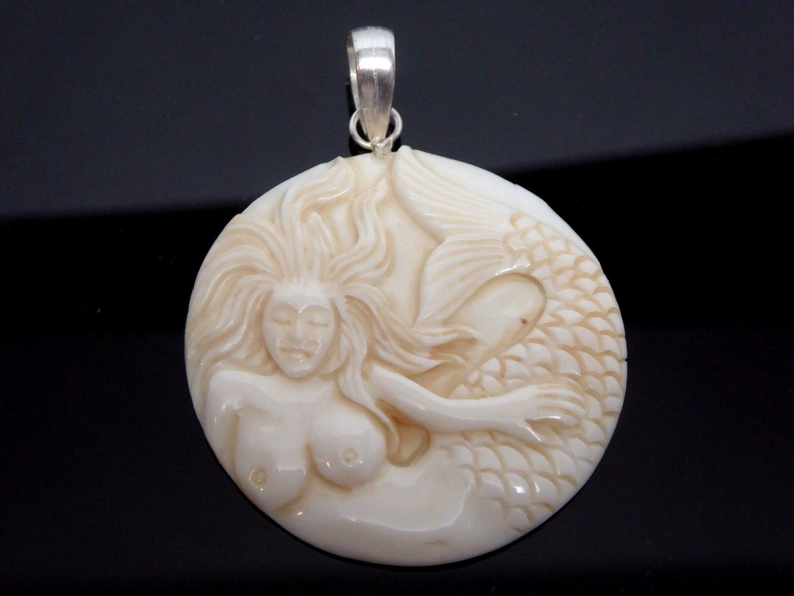 Mermaid Siren Water Buffalo Bubalus Bubalis Bone Carved Round Pendant Necklace