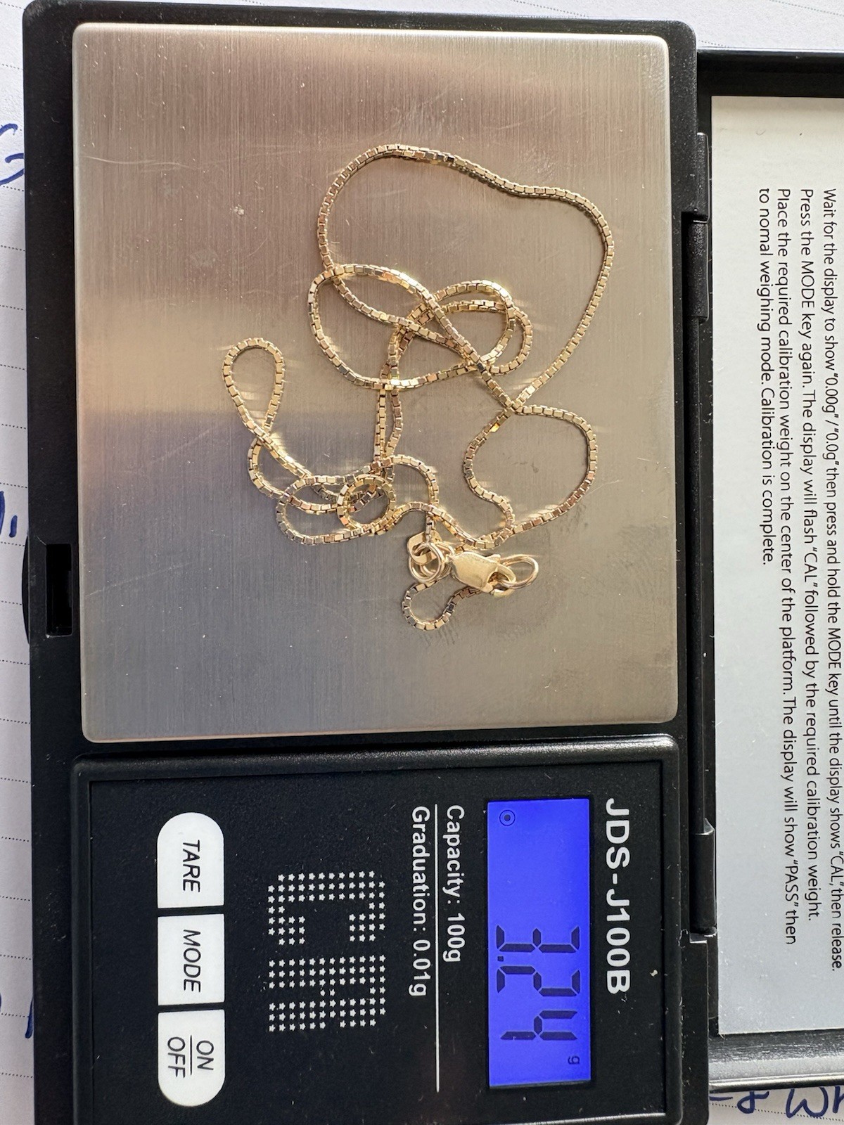 14K Solid Yellow Gold Box Chain Necklace 20” 3.24g Lobster Clasp AD Hallmark