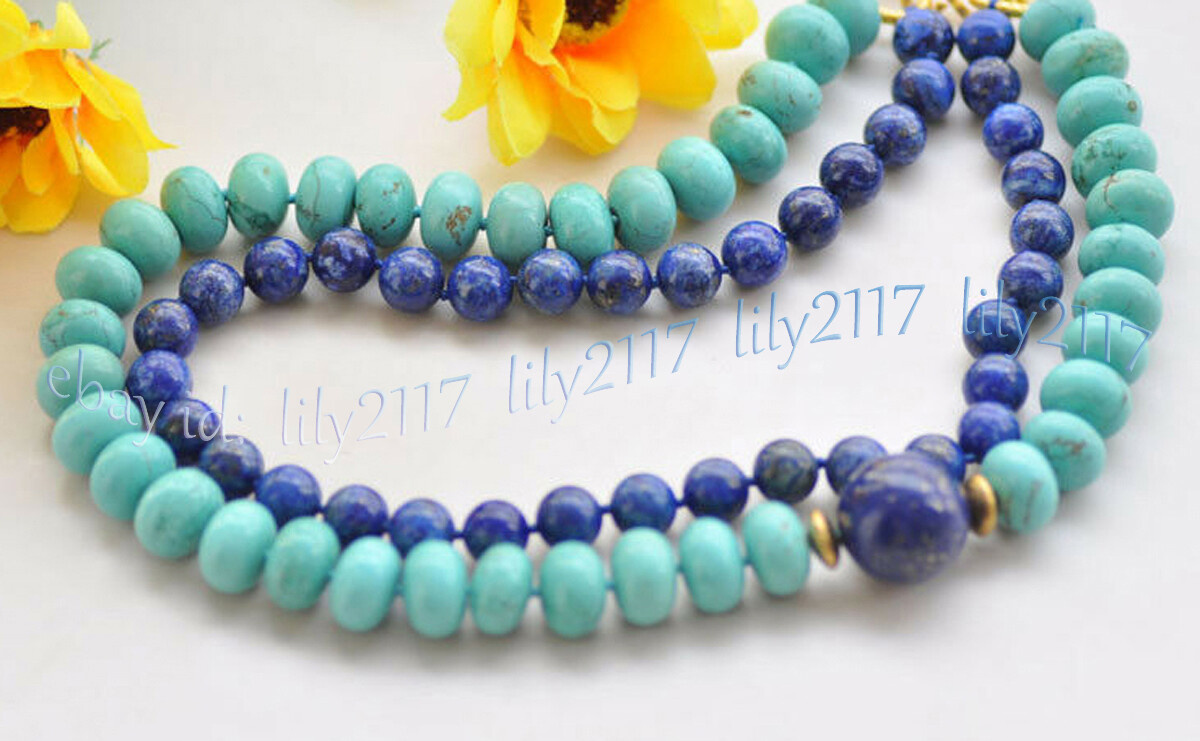 2 Rows 5x8mm Blue Turquoise Rondelle Gems & Round Lapis Lazuli Necklaces 17-18”