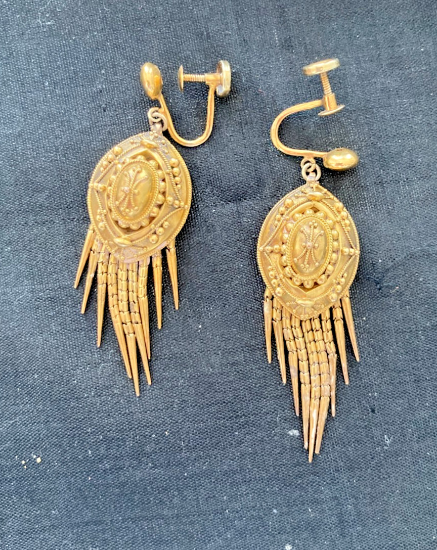 Antique 18k Gold Etruscan Tassel Screw Back Earrings Mint BIN