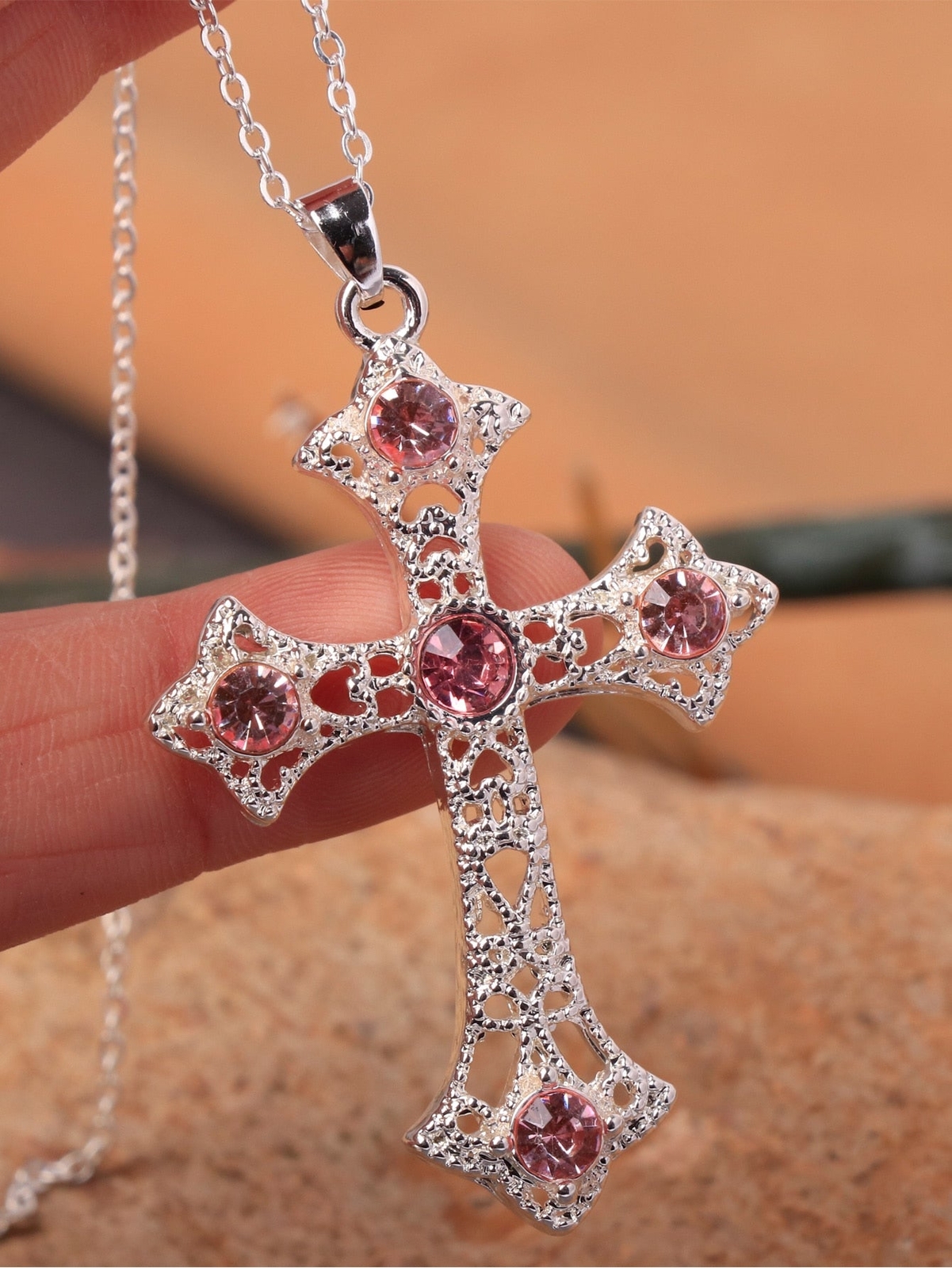 1pc Silver-plated Zinc Alloy Pink Cross Pendant Necklace for Women Jewelry for