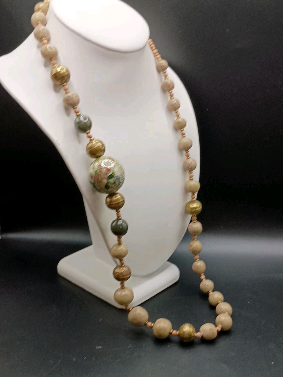 Vintage Chinese Export Cloisonne Floral Beaded Necklace Clay Brass 32” Long