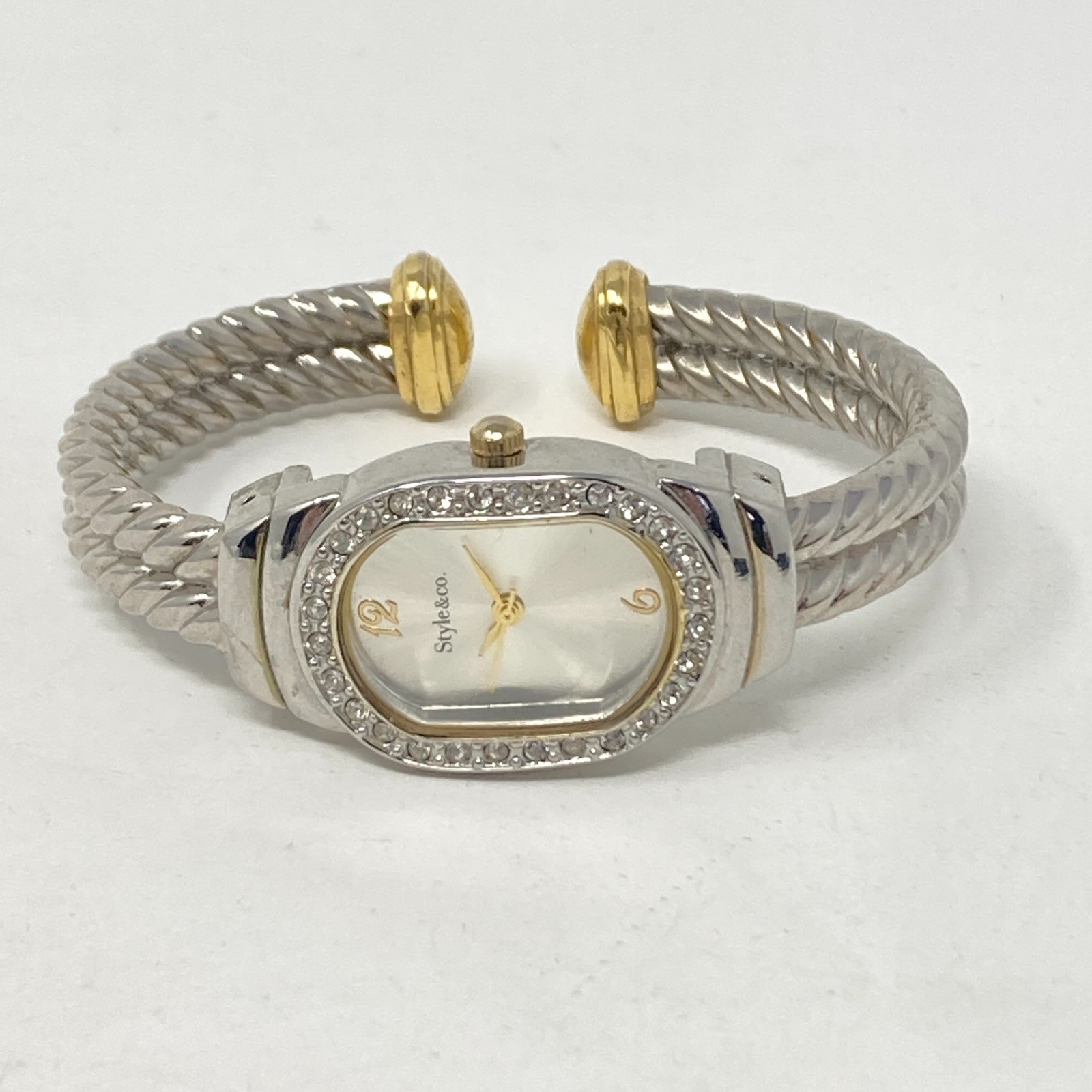 Style & Co Women Watch Silver Gold Tone Crystals Twisted Cable Cuff New Battery